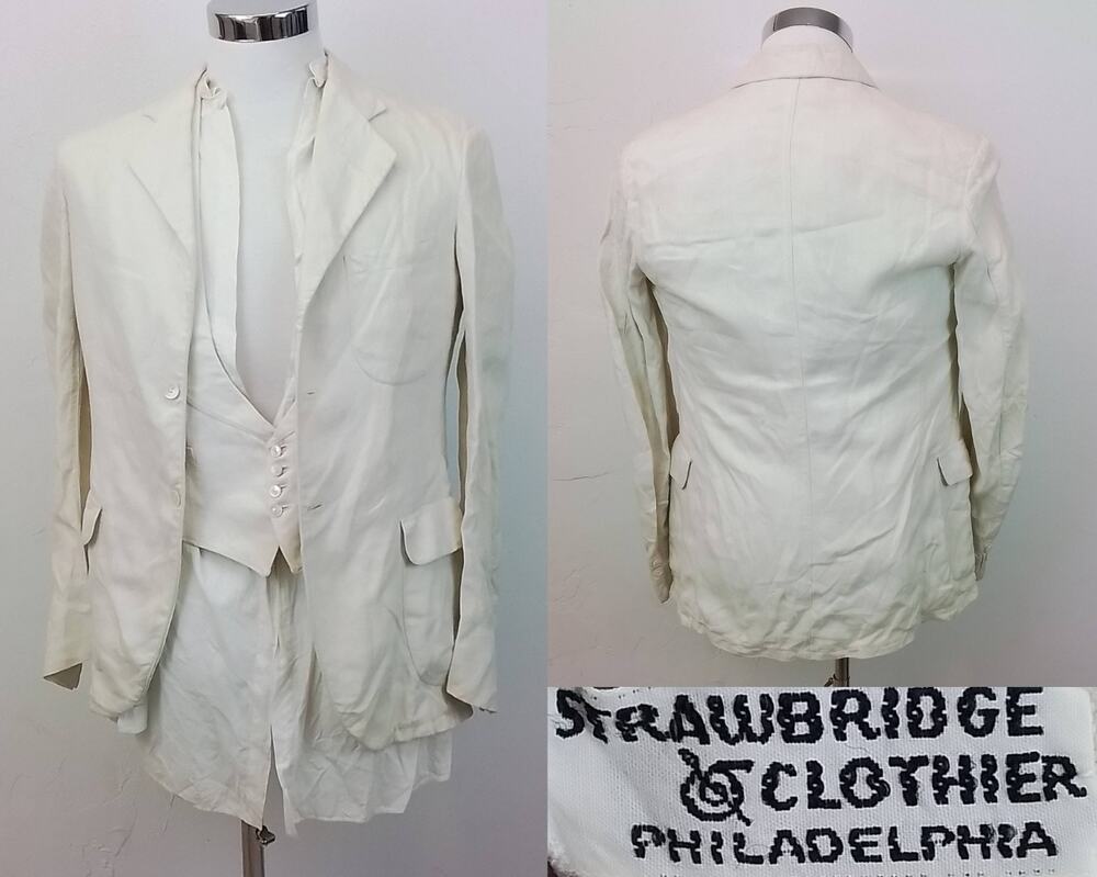 Antique Strawbridge Clothier 1920s White Suit S/XS Jacket Vest Shirt #J3081